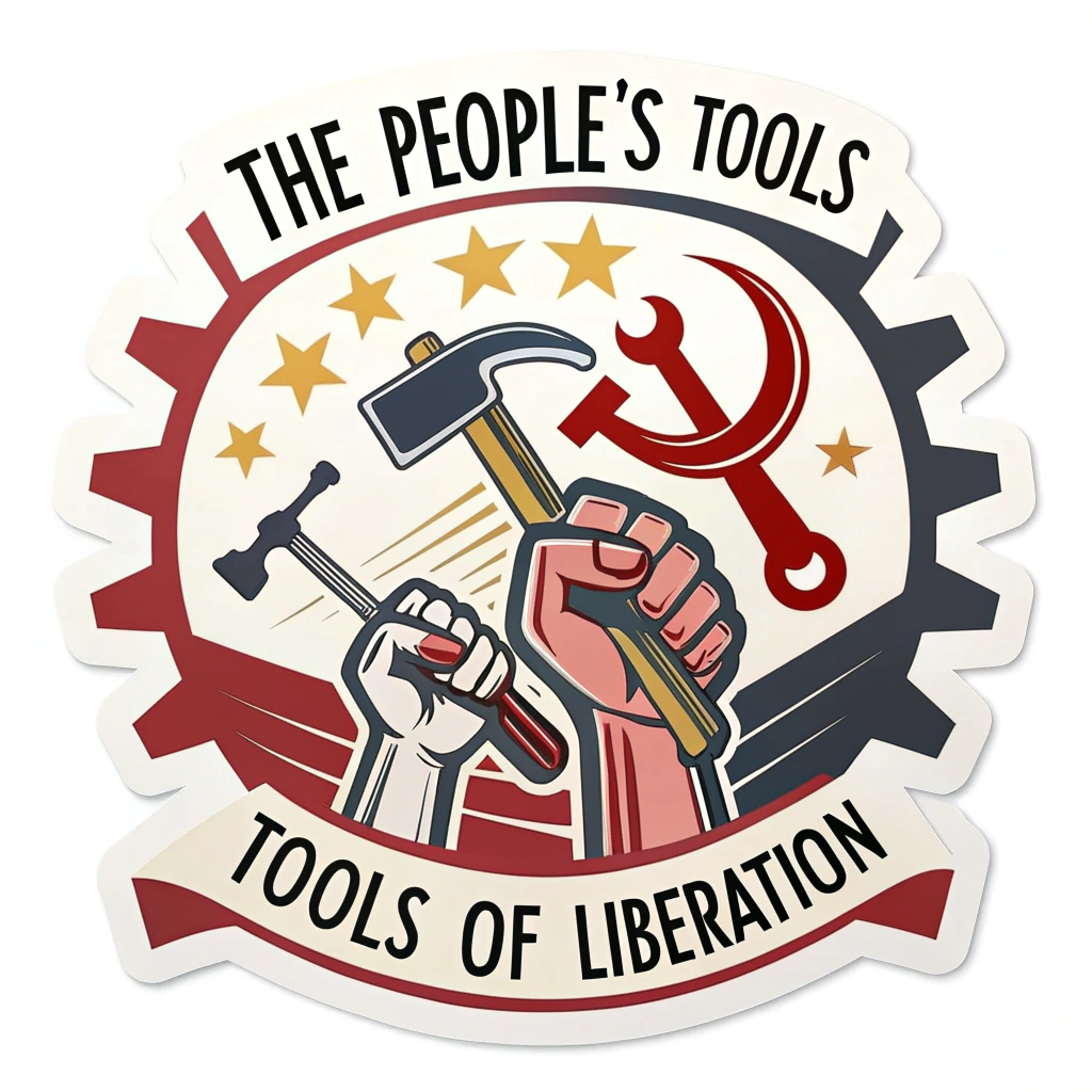 Sub Design Idea 1: 'The People's Tools' - Features iconic workers' tools (hammer, wrench, sickle, gear) arranged in a dynamic, heroic composition. Style: Soviet Constructivism influence with bold geometric shapes, limited color palette (red, black, cream), and impactful typography. Slogan: 'Tools of Liberation' or 'Work for the People'.