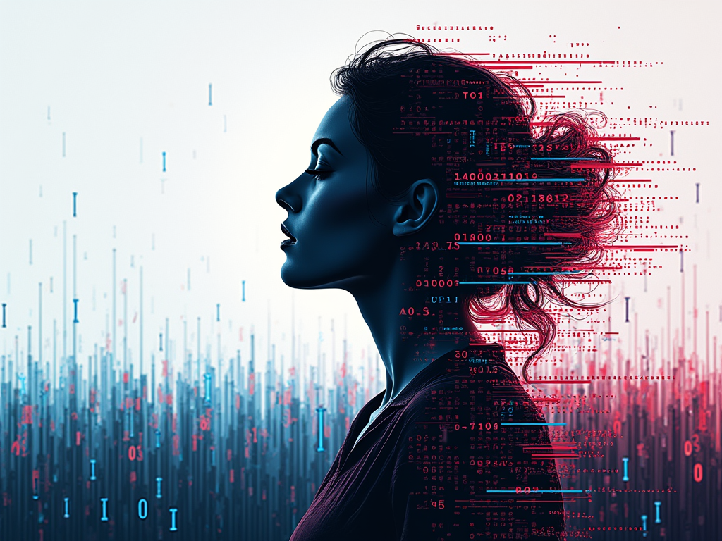 Binary Silhouette Glitch: A female profile or figure emerging from a field of binary code (0s and 1s), with sections of the code and silhouette distorted by glitch effects like pixelation, color channel shifting, and digital artifacts.