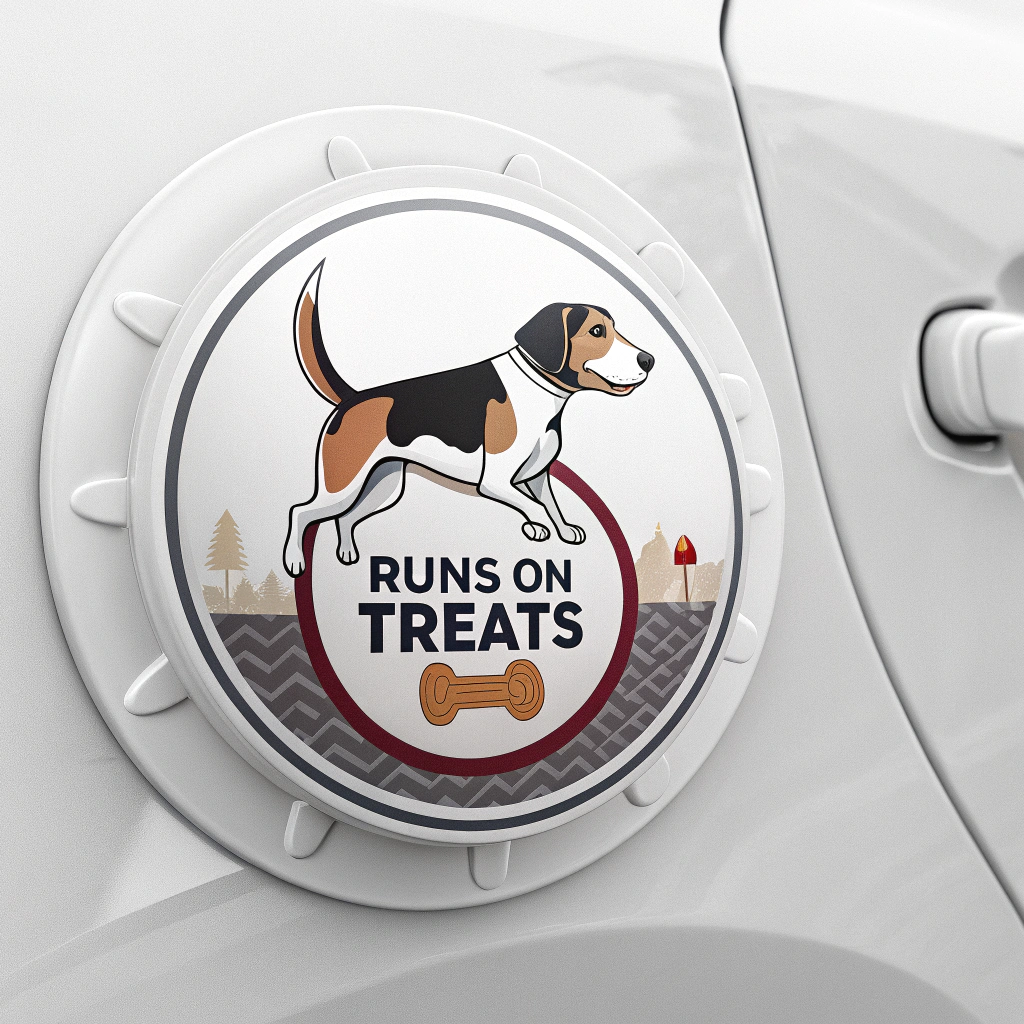 A circular sticker that mimics a car's gas cap, but instead of fuel type, it indicates the dog breed and a funny statement like 'Runs on Treats'.