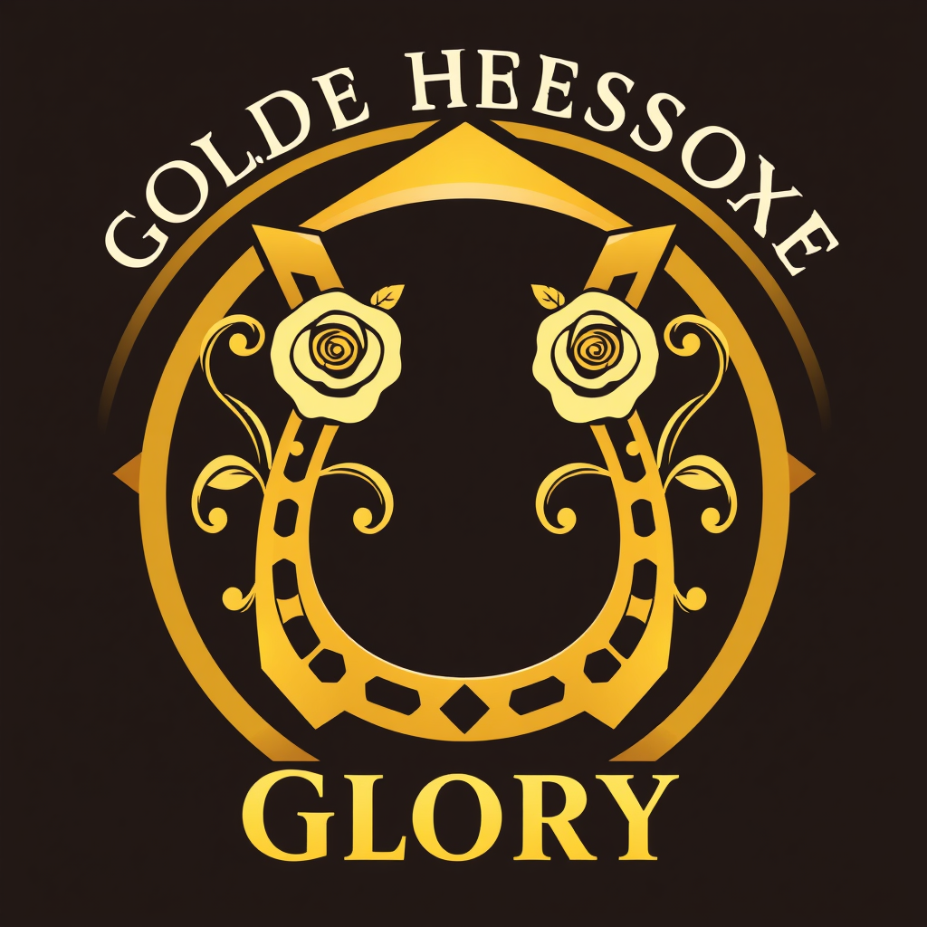 Art Deco Horseshoe: A sophisticated Art Deco style, featuring a geometric golden horseshoe intertwined with stylized rose patterns and bold, elegant typography for 'Golden Horseshoe Glory'.
