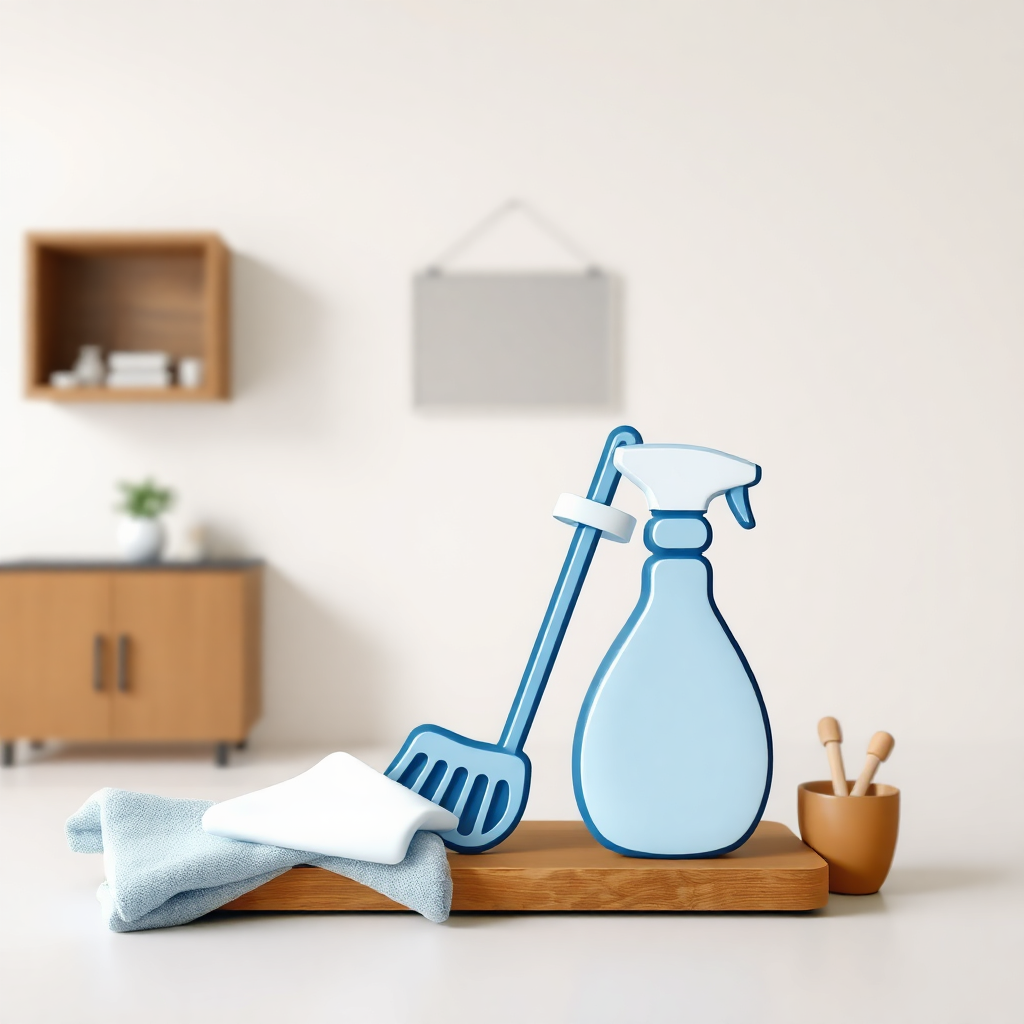  a wooden tray with a blue spray bottle and a blue spatula on it. The spray bottle is on the right side of the tray and the spatula is in the center. On the left side, there is a white cloth and a small wooden bowl with two wooden spoons in it. In the background, there are two wooden shelves and a wooden cabinet. The background is a plain white wall. The image is a 3D rendering, giving it a modern and minimalistic look.