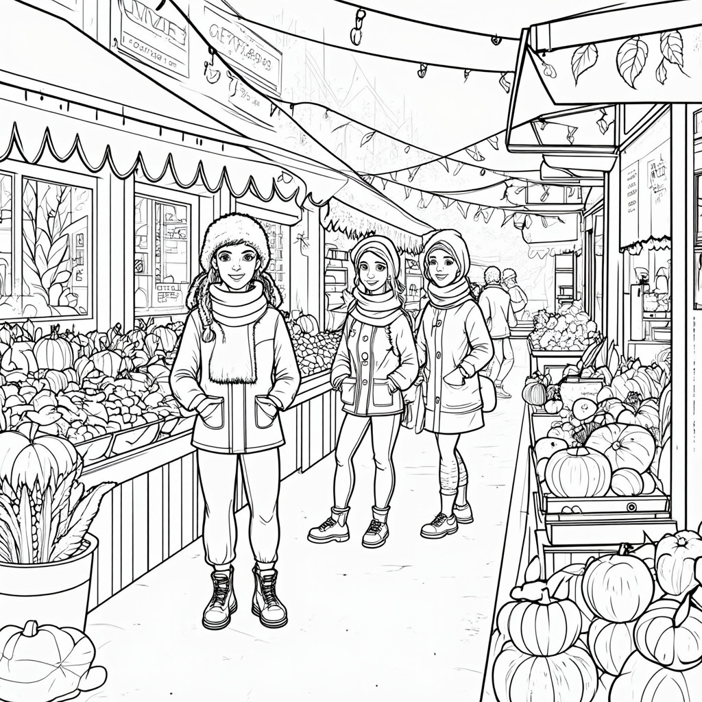 A scene depicting a bustling market decorated for fall, with stalls overflowing with fresh produce such as corn, pumpkins, with sellers in cozy scarfs engaging with shoppers in lively conversation.