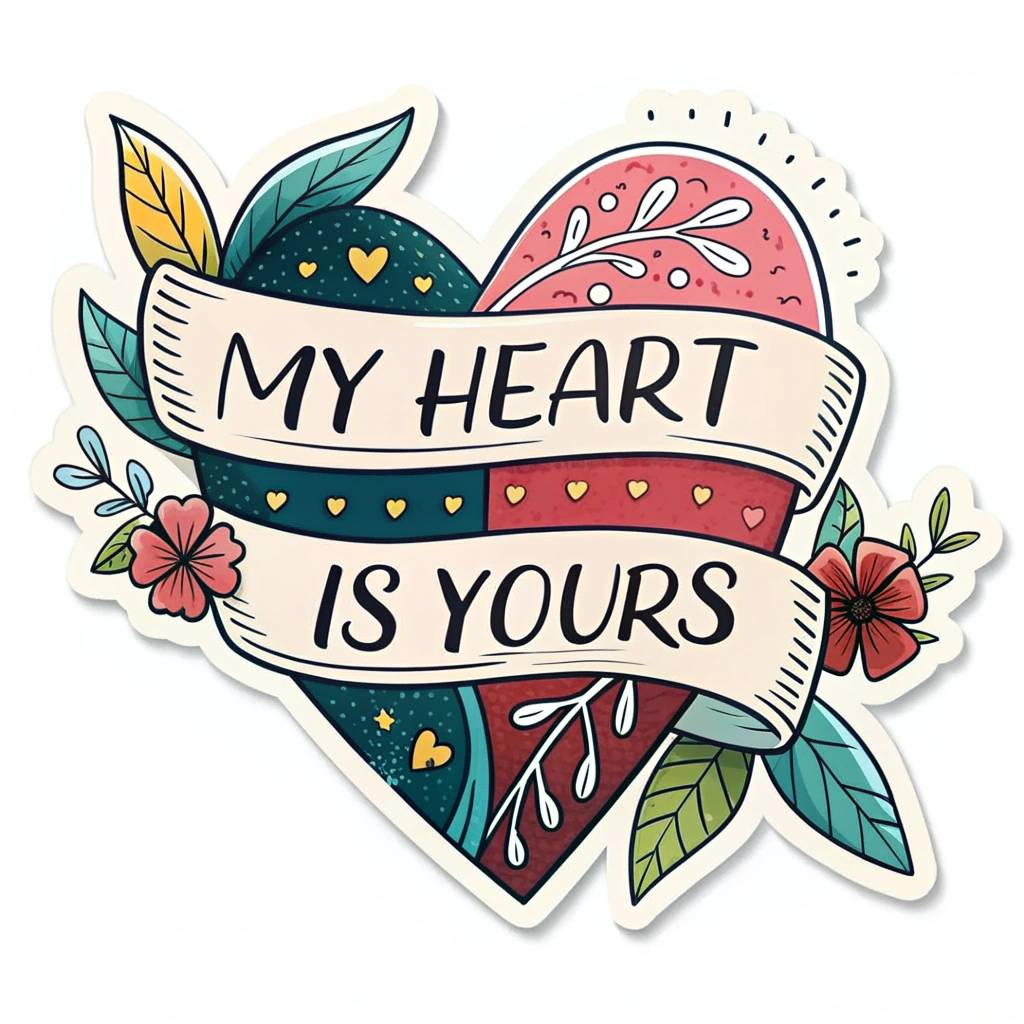 A sticker featuring a heart with a banner across it, displaying the quote 'My Heart is Yours'.