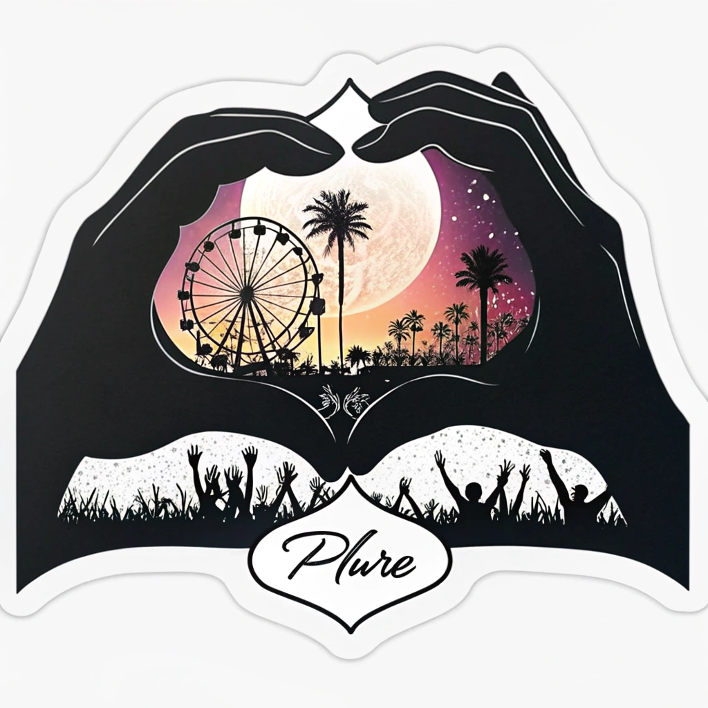 A minimalist design focusing on the silhouette of the heart hands. Inside the silhouette, a landscape of EDC is depicted – perhaps a ferris wheel, stage lights, and abstract representations of sound waves. The text 'PLUR' is written elegantly below the hands.