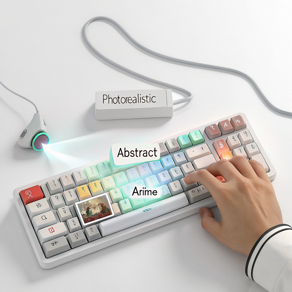 A sticker featuring a futuristic keyboard where keys are labeled with artistic styles (e.g., 'Photorealistic', 'Abstract', 'Anime'). A hand is shown typing a prompt, and a beam of light connects the keyboard to a small, evolving image, symbolizing the creation process.