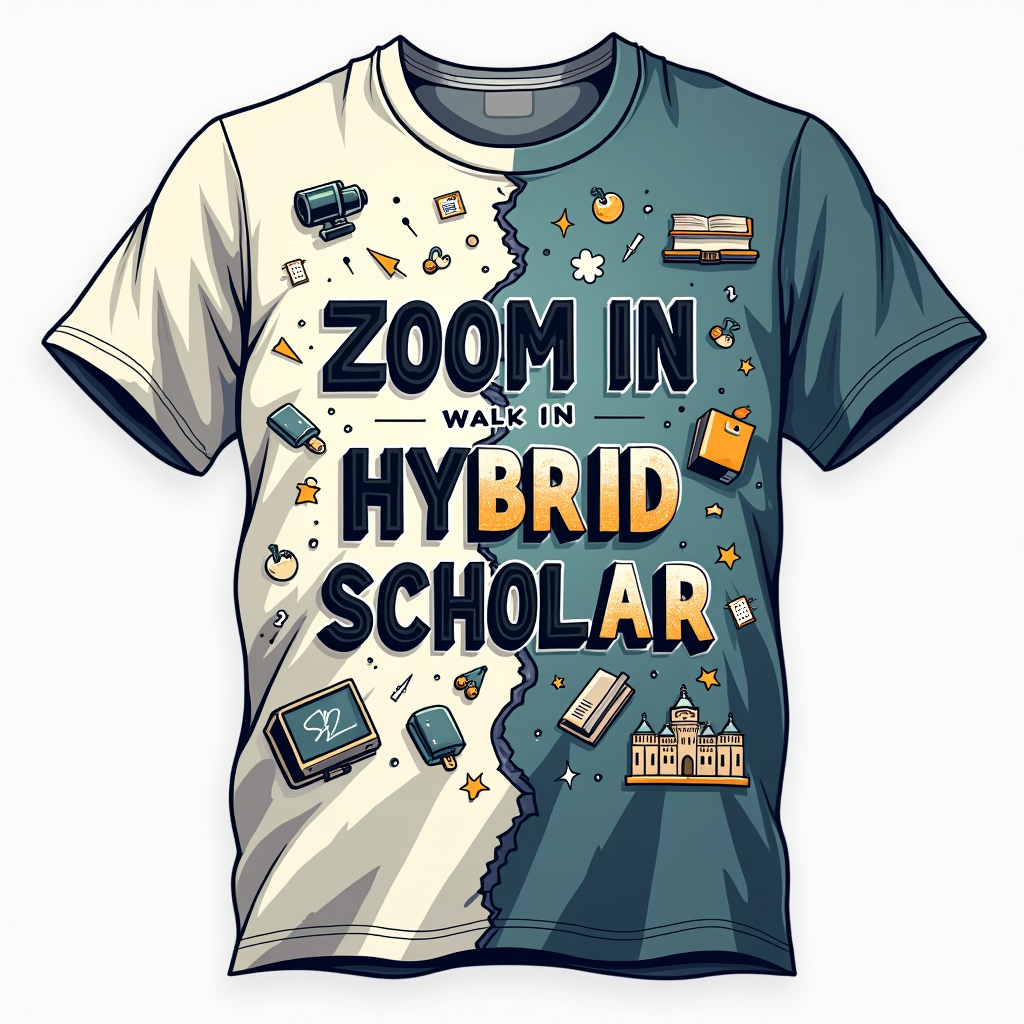 Split Design: T-shirt vertically or diagonally split. One side features 'Zoom In' with digital/pixelated graphics, icons like a webcam, mouse cursor, or video call symbols. The other side features 'Walk In' with graphics of a physical classroom, books, or a campus building. 'Hybrid Scholar' text positioned centrally or along the dividing line.