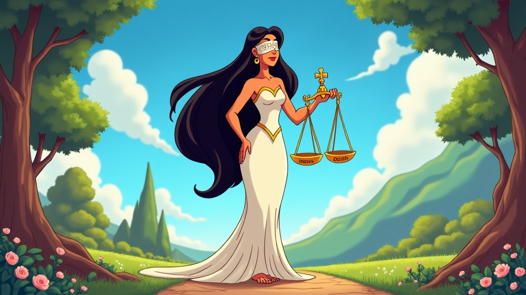 Cartoon of Lady Justice standing at a crossroads, her scales reflecting different paths marked 'Law' and 'Conscience'. Her blindfold is distinctly depicted with intricate, thought-provoking designs indicating the choices she faces.