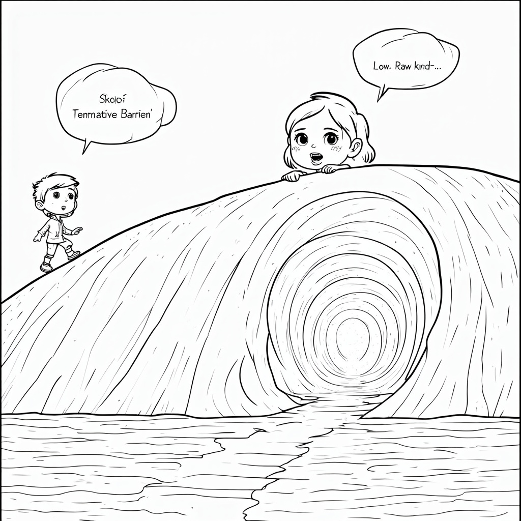 A page illustrating a simplified analogy: A character needs to roll a ball over a huge hill (classical barrier) which is impossible. Then, show the character discovering a secret 'quantum tunnel' (represented by a glowing, magical-looking passageway) straight through the base of the hill, with the ball easily passing through.