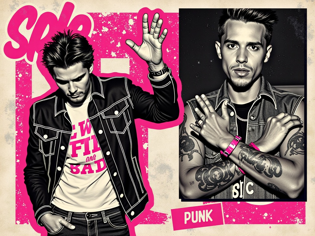 Late 70s Punk Flyer Aesthetic: Create a raw, DIY feel with cut-and-paste collage elements, stark black and white imagery with a single, aggressive spot color (like neon pink or yellow), ransom note style typography, and grainy, high-contrast photos of Post Malone.