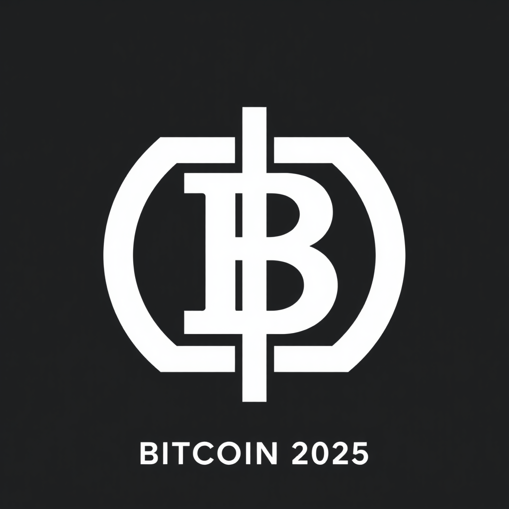 Simple Logo Idea: A perfectly symmetrical, geometric Bitcoin 'B' monogram. The vertical stem is a solid rectangle. The two loops are identical, mirrored geometric forms (e.g., segments of a circle or angular constructions). Negative space within the 'B' could subtly suggest a keyhole or interlocking element for 'security'. 'BITCOIN 2025' is presented in a clean, modern sans-serif typeface, positioned to complement the mark's balance.