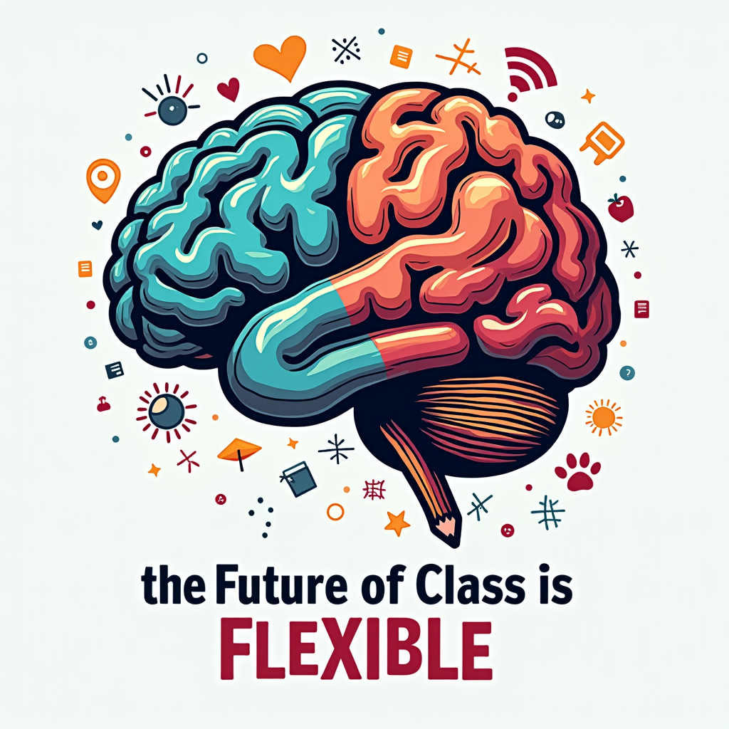 Design 1: 'Bridging Worlds' - Depict a stylized brain, half showing traditional learning elements (books, pencils) and the other half showing digital elements (pixels, circuit lines, Wi-Fi symbol), with the tagline 'The Future of Class is Flexible' flowing underneath.