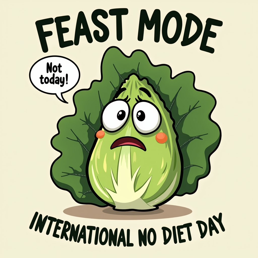 Humorous T-shirt graphic of a common diet food (e.g., a single lettuce leaf) looking sad or scared, with a speech bubble saying 'Not today!'. Main text: 'FEAST MODE: International No Diet Day'.