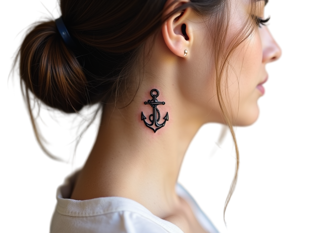 An artistic capture of a tiny anchor tattoo behind the ear, reflecting stability and hope, hidden unless the hair is pulled back, creating a sense of mystery.