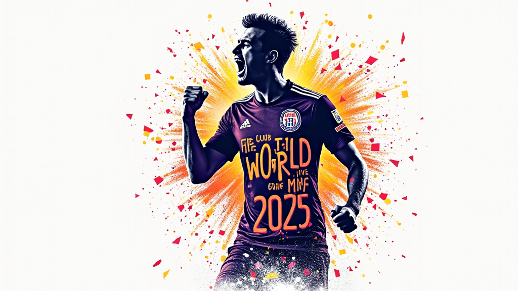 Focus on an iconic player celebration silhouette (e.g., triumphant roar, knee slide), filled with artistic textures or club-inspired patterns. Background explodes with abstract confetti or sound wave graphics. 'FIFA Club World Cup 2025' text.