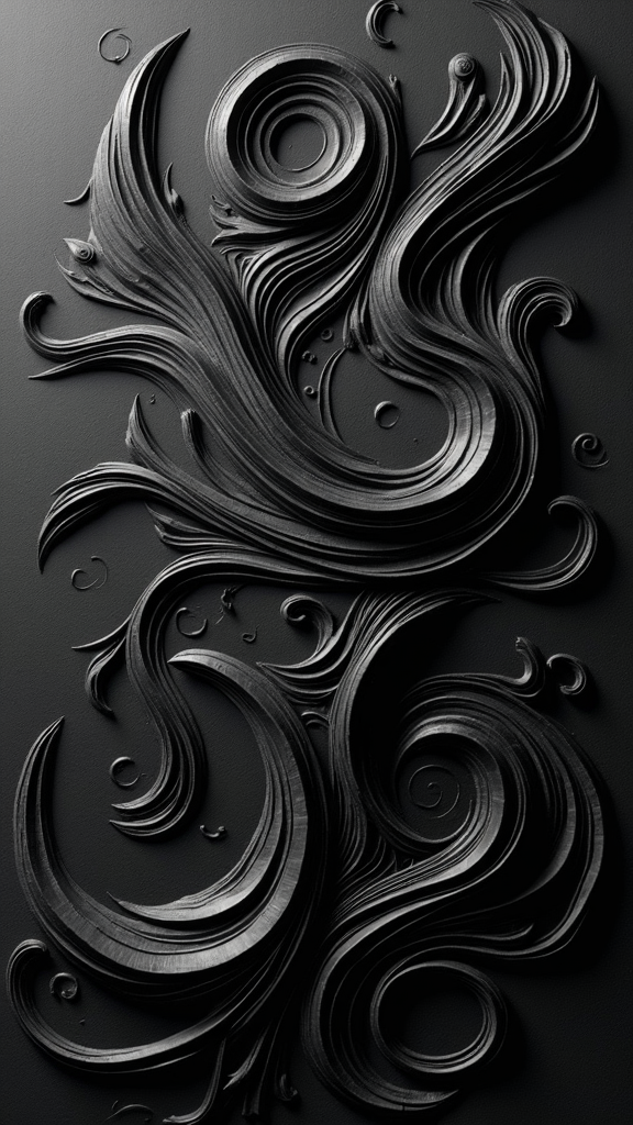 The image shows a black and white abstract design on a black background, creating a striking contrast between the two colors. The design is intricate and detailed, with swirls and curves that create a mesmerizing effect.