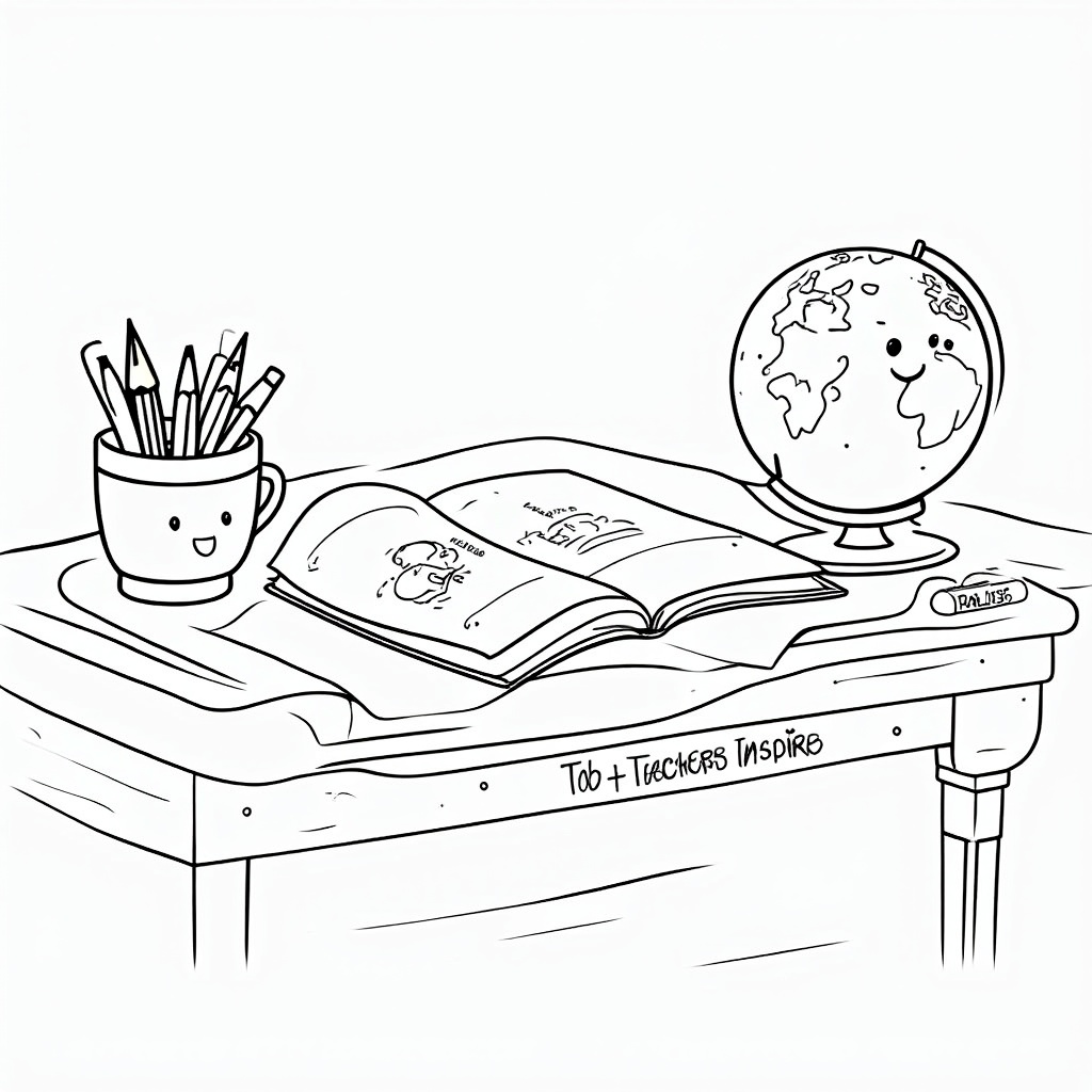 Design 3: A classic desk scene. Feature an open coloring book page showing a simple drawing, a cup holding several pencils, and a small, friendly-looking globe. The words 'Teachers Inspire' could be subtly engraved on the side of the desk or on one of the pencils.