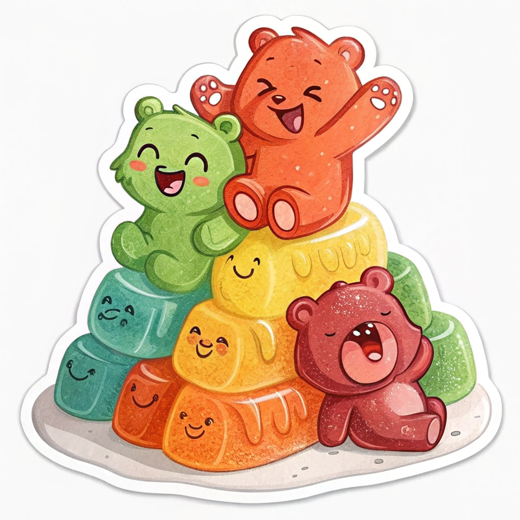 Animated Gummy Buddies Pile Sticker: A sticker featuring a pile of colorful gummy bears, where a few key bears on top have cute, expressive faces and are posed playfully (e.g., one waving, another winking, one peeking out from the pile).