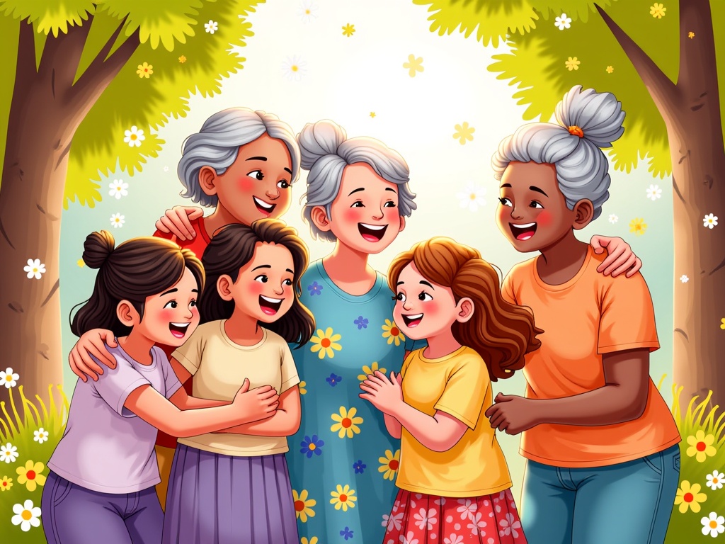  a group of seven elderly women and six young girls standing in a park or garden. They are all smiling and hugging each other tightly, with their arms around each other's shoulders. The women are of different ages and ethnicities, and they are all wearing casual clothes. The background is filled with trees and flowers, and the ground is covered in greenery. The overall mood of the image is happy and carefree.