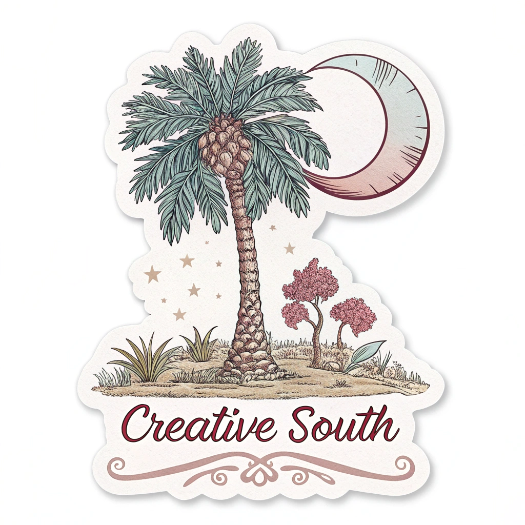 A retro-style illustration of a palmetto tree under a crescent moon, with 'Creative South' in a vintage script font.