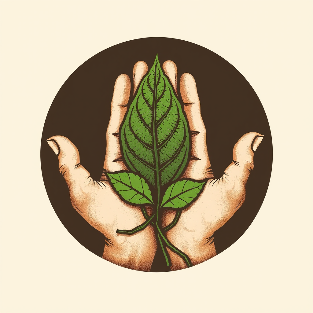 Sub-design idea 3: Explore a 'natural and organic' theme, where the hands might appear to be formed from intertwining vines or have a soft, earthy texture, with the leaf depicted in rich, detailed greens. Perhaps a slightly rustic or hand-drawn feel.
