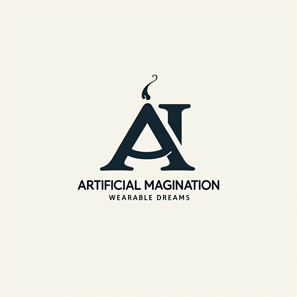 Simple Logo Idea: A logo concept for an 'Artificial Imagination' brand or collection. The letters 'A' and 'I' are intertwined, with the 'A' forming a stable, geometric base and the 'I' flowing upwards like a creative plume or digital brushstroke. The text 'Wearable Dreams' could sit beneath in a clean, complementary font.