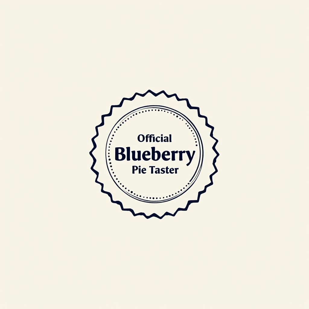 Craft a minimalist badge using clean lines. Depict the outline of a pie tin or a single blueberry. Place the text 'Official Blueberry Pie Taster' in a modern, sans-serif font neatly arranged within or below the outline.