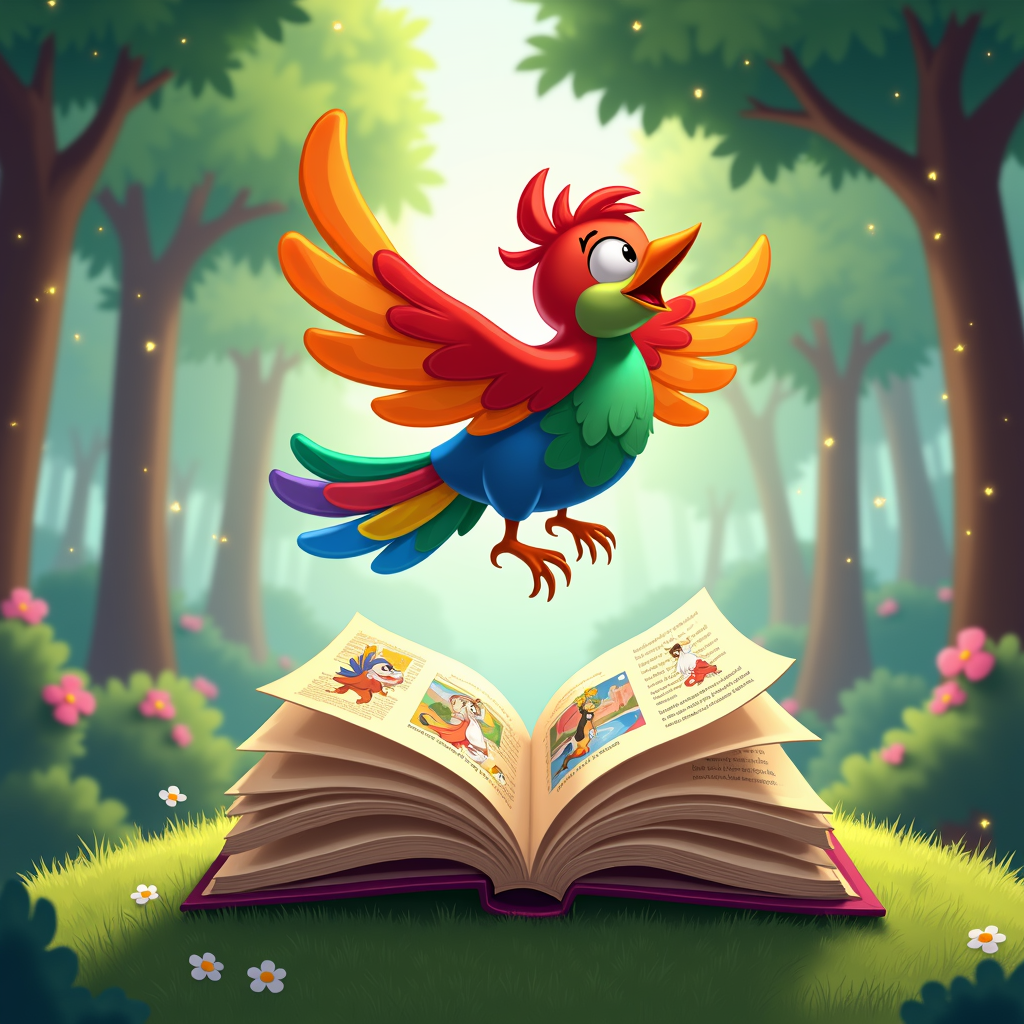 A design incorporating the rainbow bird with an open book or scroll, to visualize the stories and legends aspect