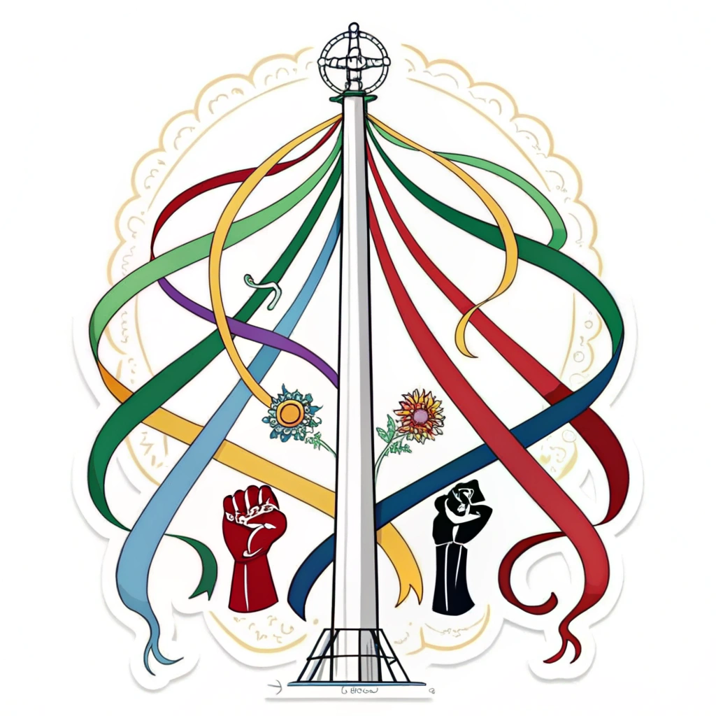 Simple Icon Idea: A highly simplified maypole (central vertical line) with 3-4 bold, colored ribbons swirling outwards. Ribbons could hold a single iconic symbol (e.g., fist, gear) or be plain, representing demands abstractly.