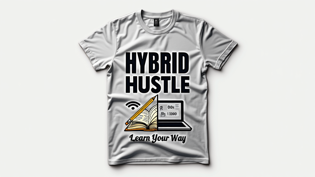 1. 'Dual Icons Tee': Design features 'Hybrid Hustle' in bold text. Below, split graphics: one side shows a classic book and pencil, the other a laptop and Wi-Fi symbol. 'Learn Your Way' is a tagline arc-ing beneath the graphics, connecting the two sides stylistically.