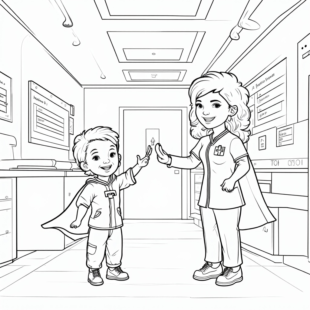 A nurse giving a high-five to a child patient (who could also have a small cape or mask), the nurse's cape billowing behind them.