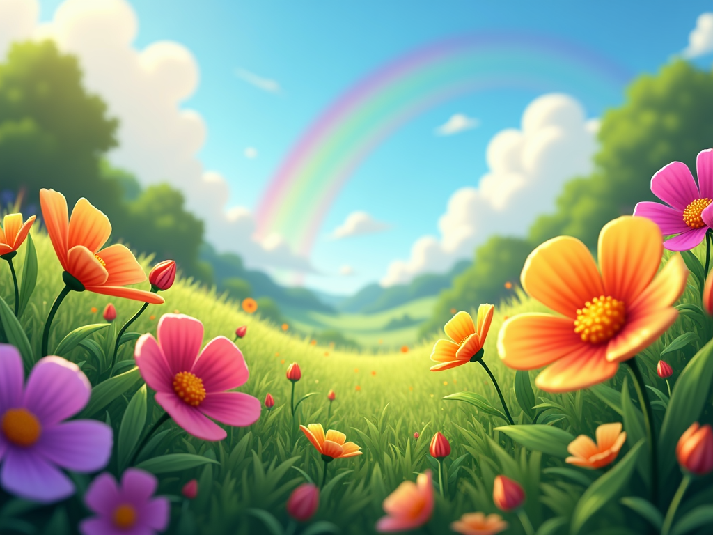 A close-up view of cartoon flowers and plants, with a rainbow subtly arcing in the background, creating a focus on the small details of the vibrant valley.