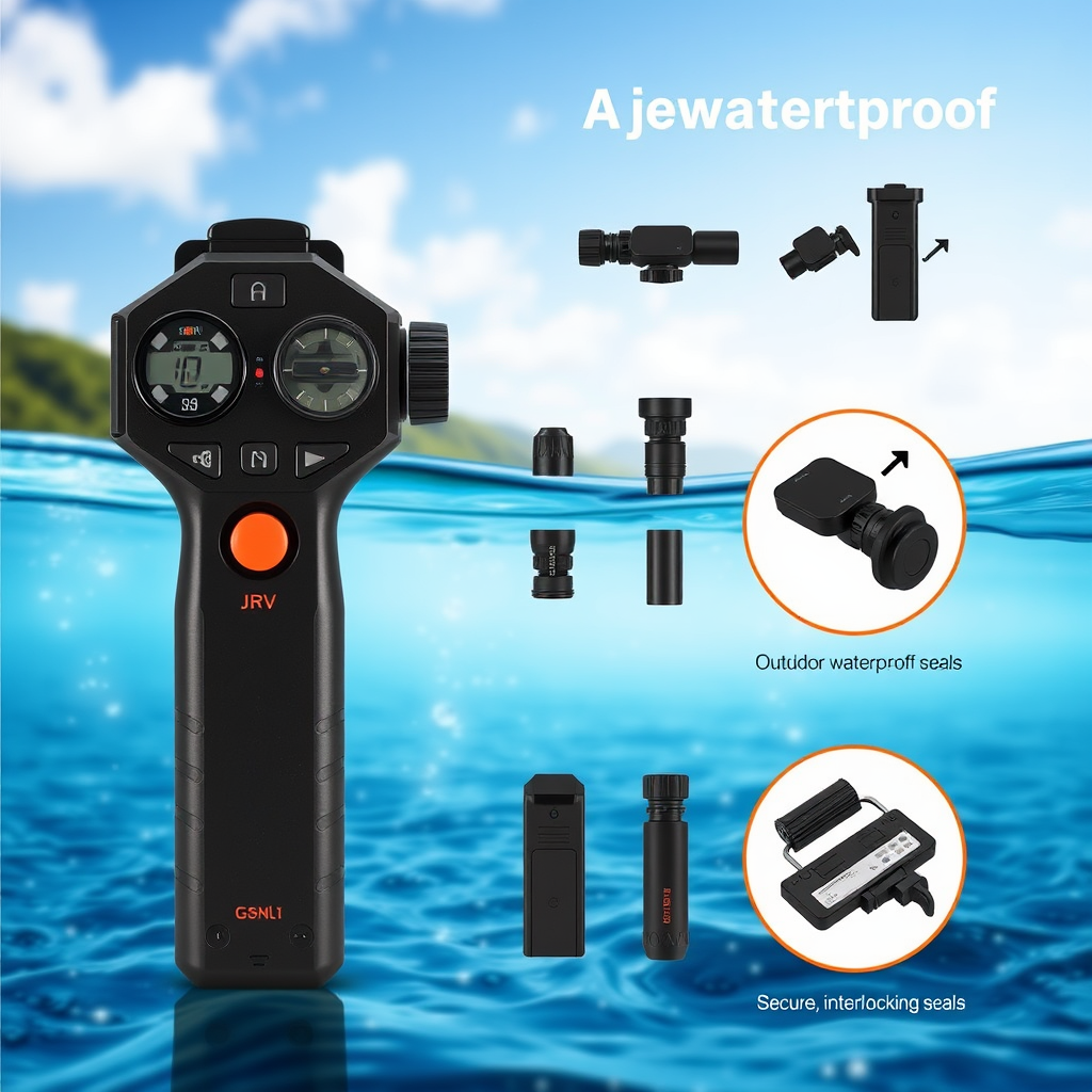 A modular remote control with interchangeable parts, allowing users to customize and replace components for different outdoor activities. Emphasize the waterproof aspect with secure, interlocking seals.