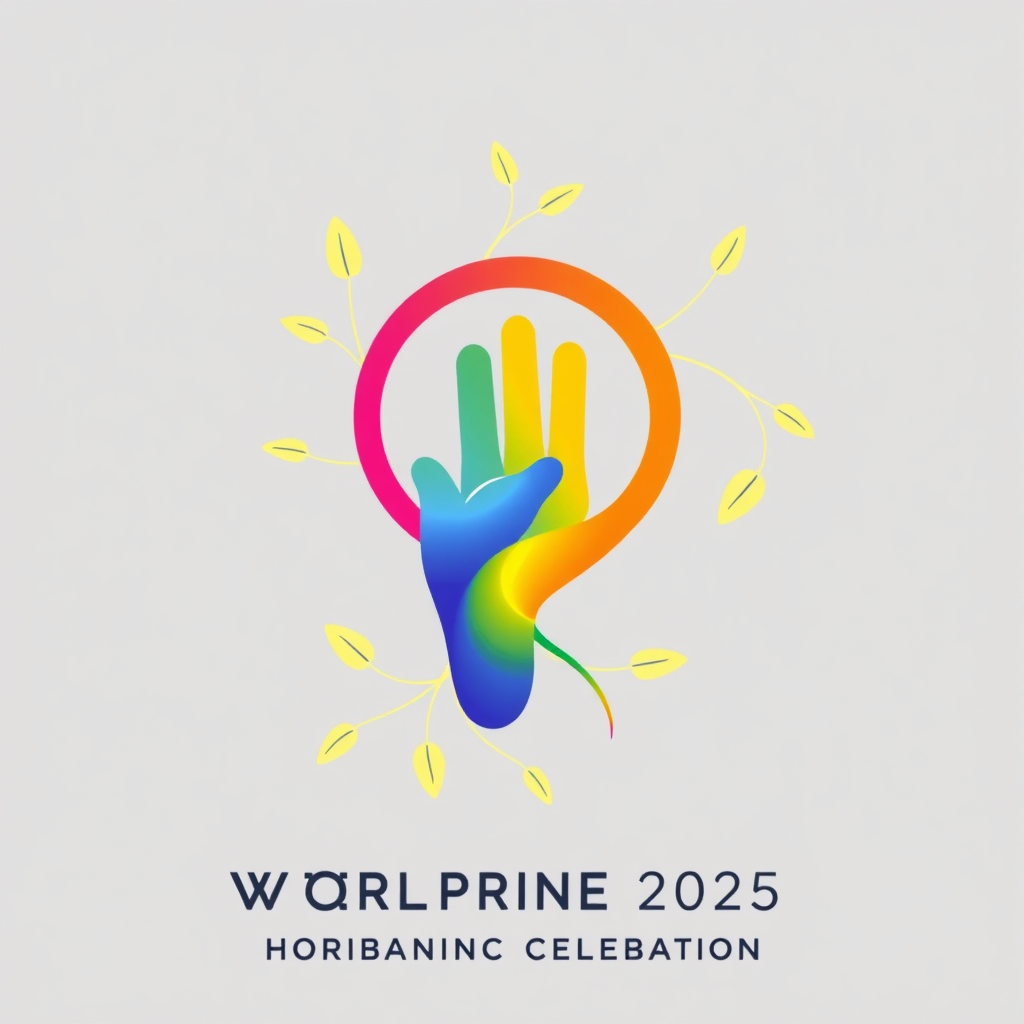 Intertwined Growth: Abstract flowing lines, resembling vines or roots, form subtle hand-like shapes where they intersect. These elements utilize organic rainbow colors, symbolizing natural unity and celebratory growth for WorldPride 2025 under the 'Hand-in-Hand: Organic Celebration' theme.