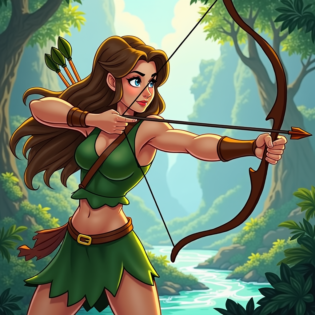 A dynamic, action-oriented video game where players control Artemis, utilizing her bow and arrow to hunt mythical creatures in sprawling, visually stunning wilderness environments. Players would manage resources, upgrade skills, and face increasingly challenging hunts.