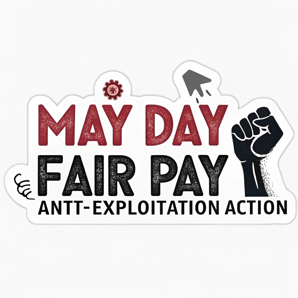 Bold Typographic Statement: A sticker focused on strong, impactful typography with messages like 'MAY DAY = FAIR PAY' or 'ANTI-EXPLOITATION ACTION'. Minimal graphics, perhaps just a date or a symbolic line, to emphasize the message directly.