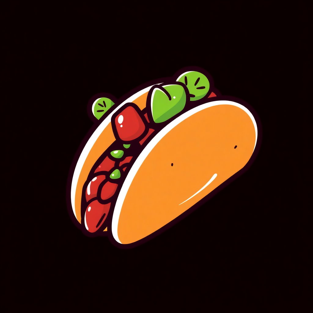 The image is an illustration of a taco. The taco is orange in color and has a round shape. It is filled with a variety of ingredients, including red beans, green olives, and red tomatoes. The beans are arranged in a circular pattern around the edges of the taco, with some of them overlapping each other. The olives are placed on top of the beans, adding a pop of green color to the dish. The background is black, making the taco stand out.