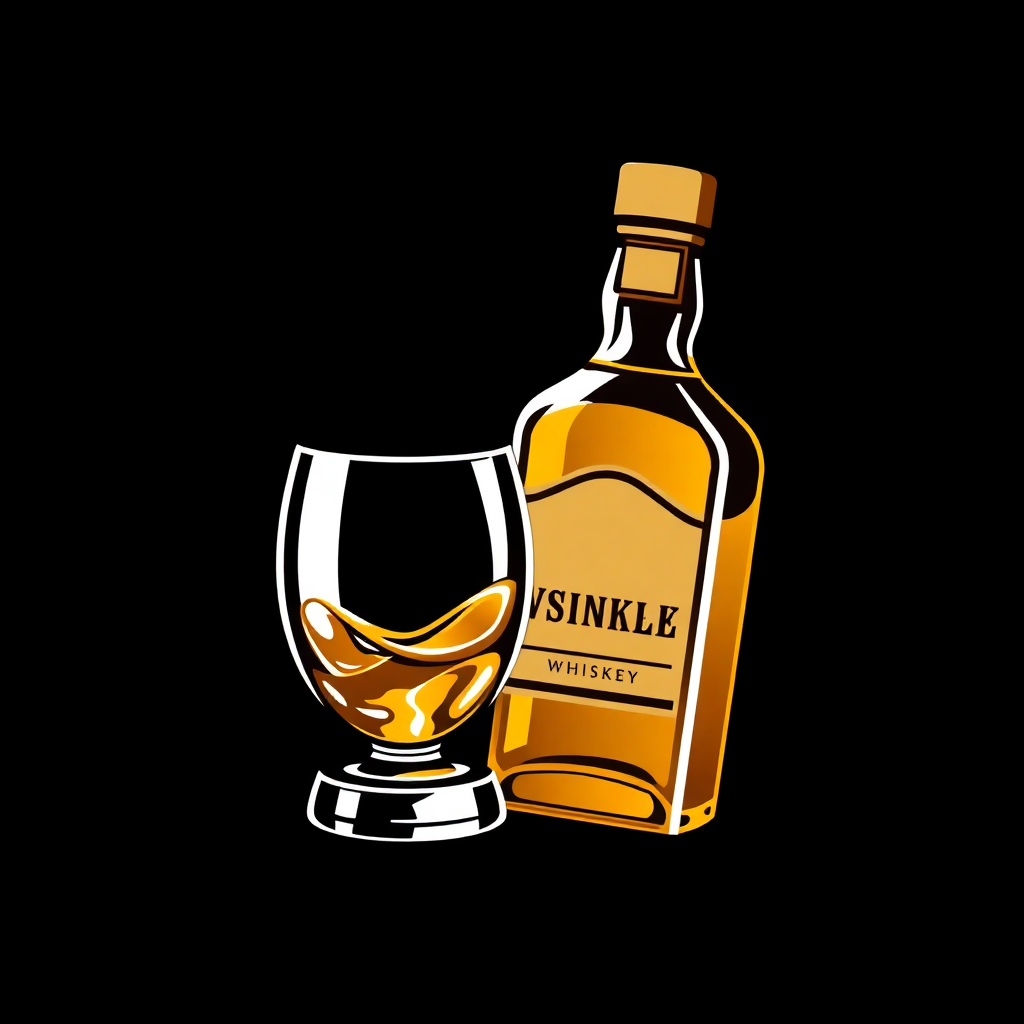 The image is an illustration of a bottle of whiskey and a glass of whiskey. The bottle is a dark amber color with a cork stopper and a label that reads SINKLE WHISKEY. The glass is filled with a golden-brown liquid, which appears to be whiskey, and is tilted slightly to the side. The background is black, making the colors of the bottle and glass stand out. The overall design is simple and minimalistic.