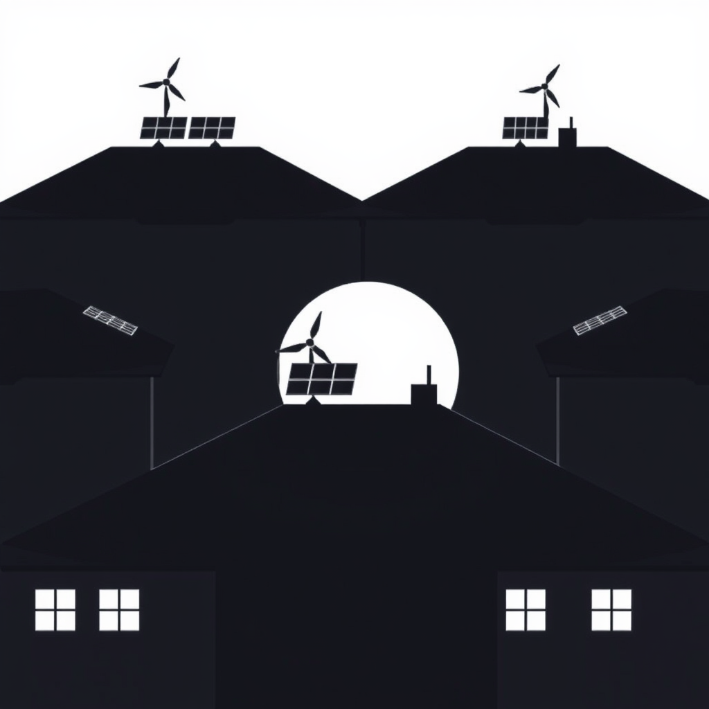 Silhouettes of simplified building rooftops, each adorned with a small solar panel or micro-turbine silhouette, arranged to form a larger, positive symbol like an upward arrow or a sun.