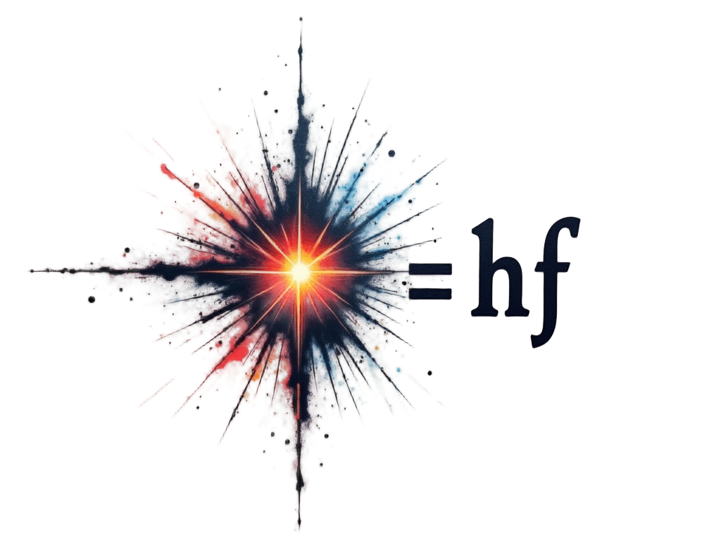 Sub-design 3: The equation 'E = hf' rendered artistically, where 'h' is a central, bold element. 'E' could be represented by a photon burst or light emanation, and 'f' by a subtle wave pattern integrated into the lettering or background.