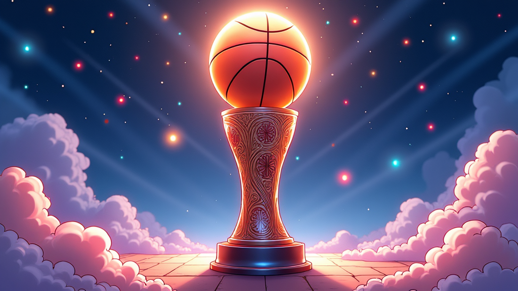 Stylized anime approach to the NBA Trophy with exaggerated features. The basketball is oversized, and the base is detailed with intricate patterns that draw from fantastical elements, blending reality with creativity.