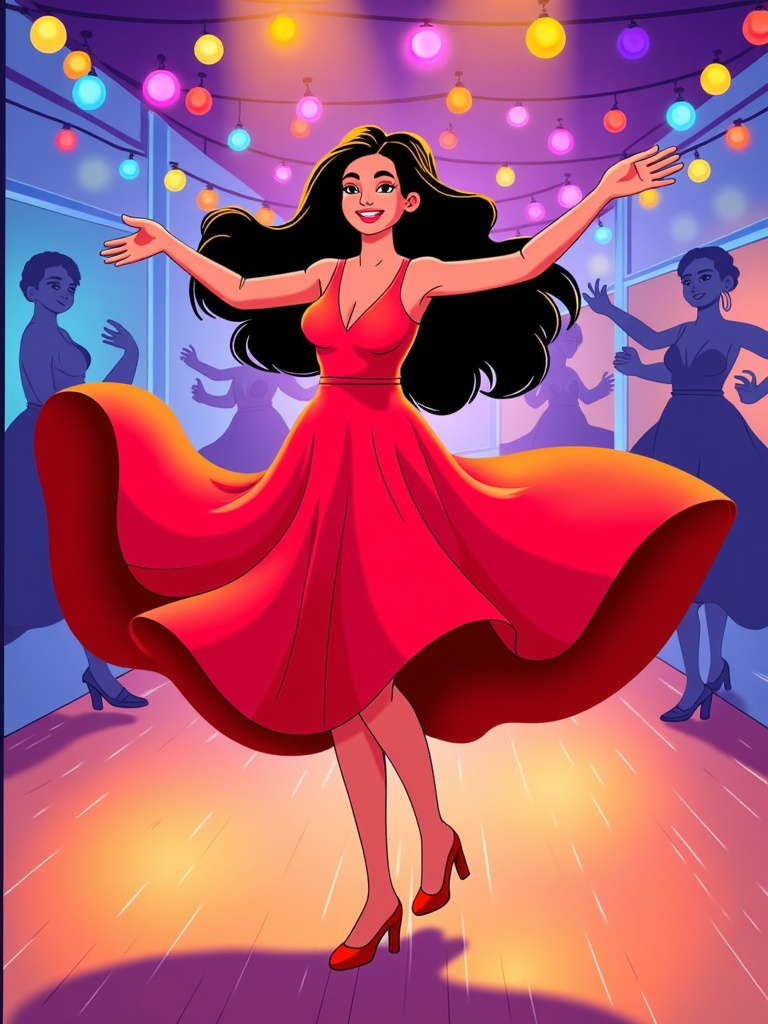  a young woman dancing in a ballroom. She is wearing a long red dress with a plunging neckline and red high heels. Her long black hair is flowing in the wind and she has a big smile on her face. The room is decorated with colorful lights hanging from the ceiling and there are other dancers in the background. The floor is made of wooden planks and the walls are painted blue. The overall mood of the image is joyful and energetic.