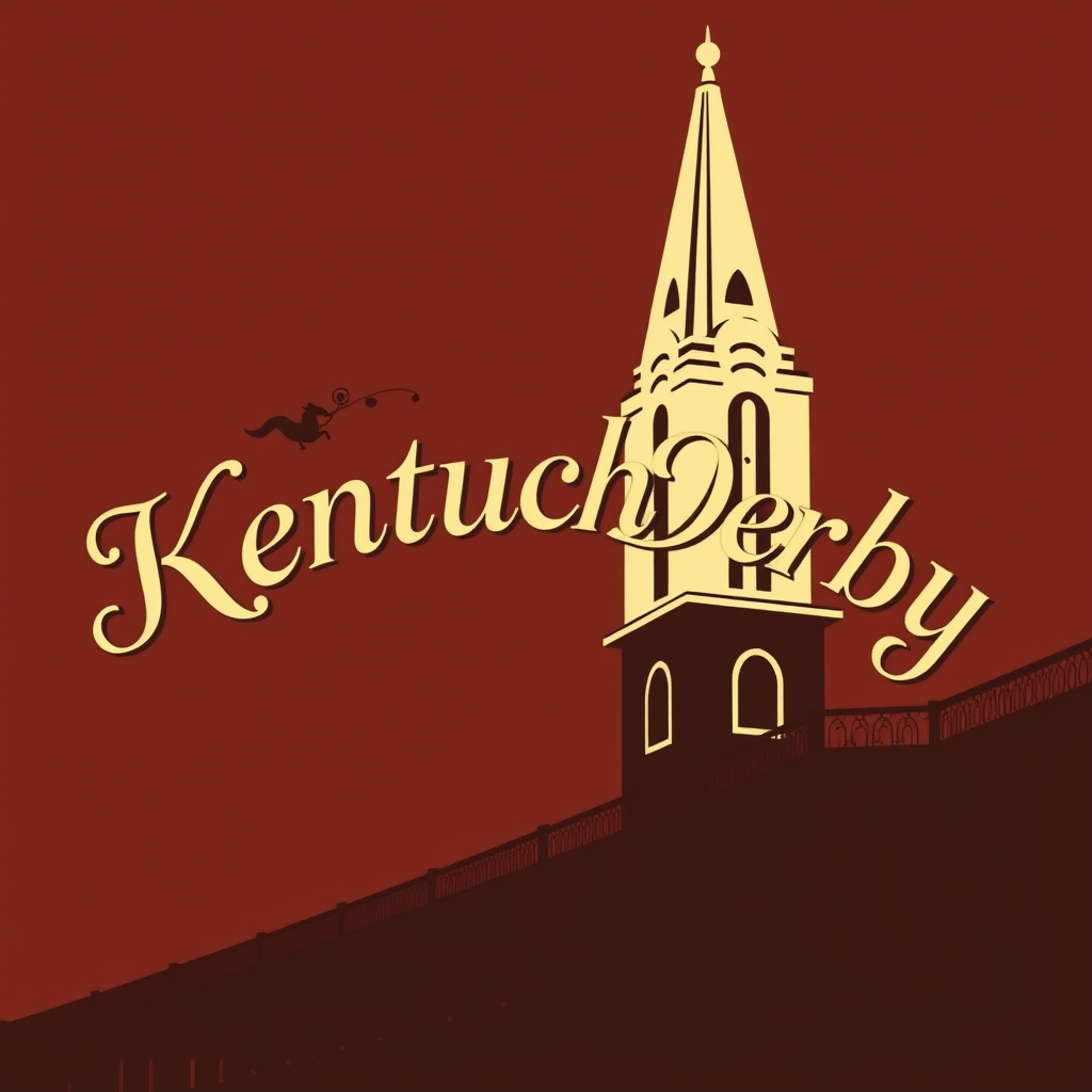 Classic Silhouette Focus: A detailed, traditional rendering of the Twin Spires silhouette as the primary element, with 'Kentucky Derby' in an elegant serif or script font arched above or below. Accents of roses or a horseshoe could be subtly integrated. Color palette: deep reds, golds, and creams.