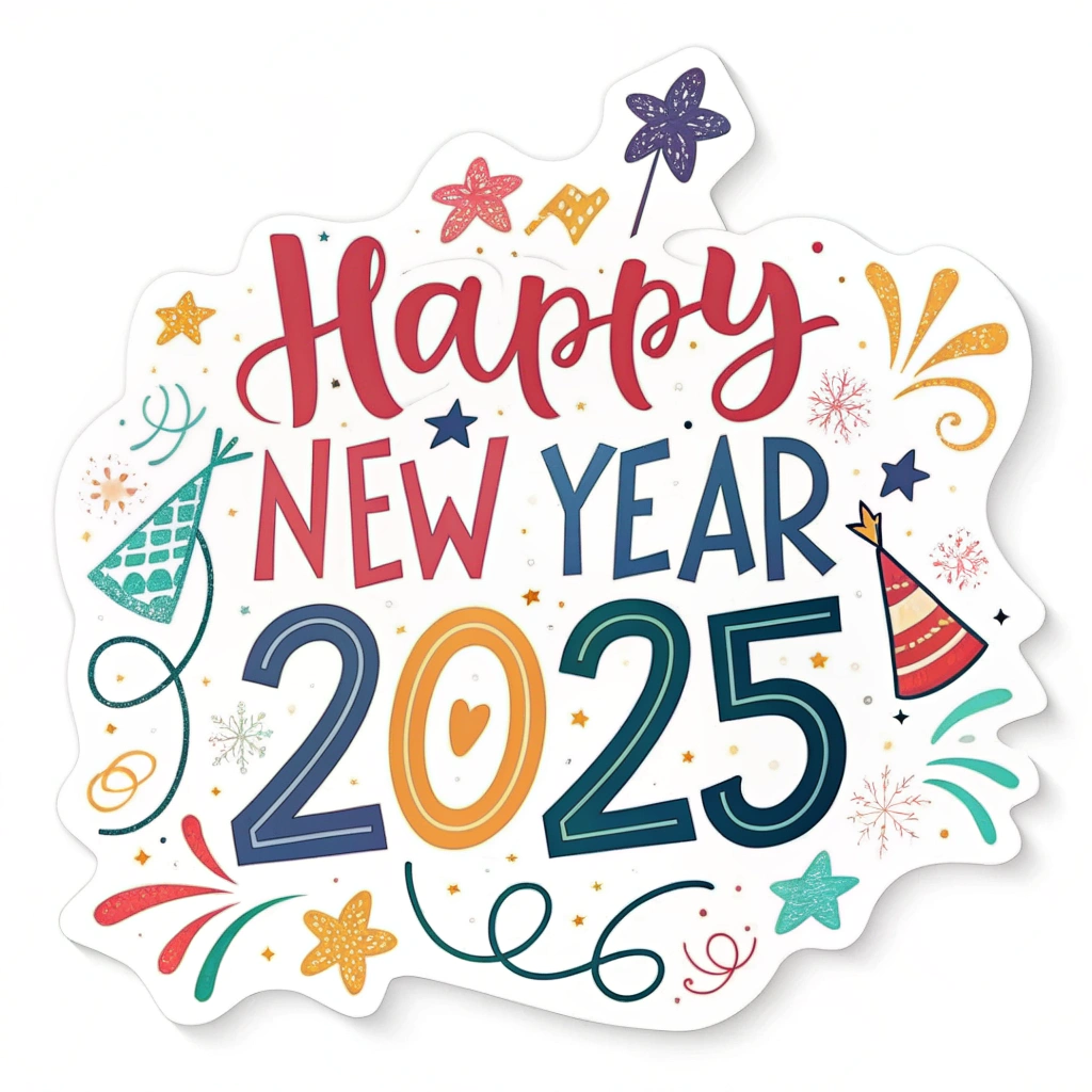 The image shows a white background with a Happy New Year 2025 sticker featuring text and drawings, perfect for adding a festive touch to any celebration.