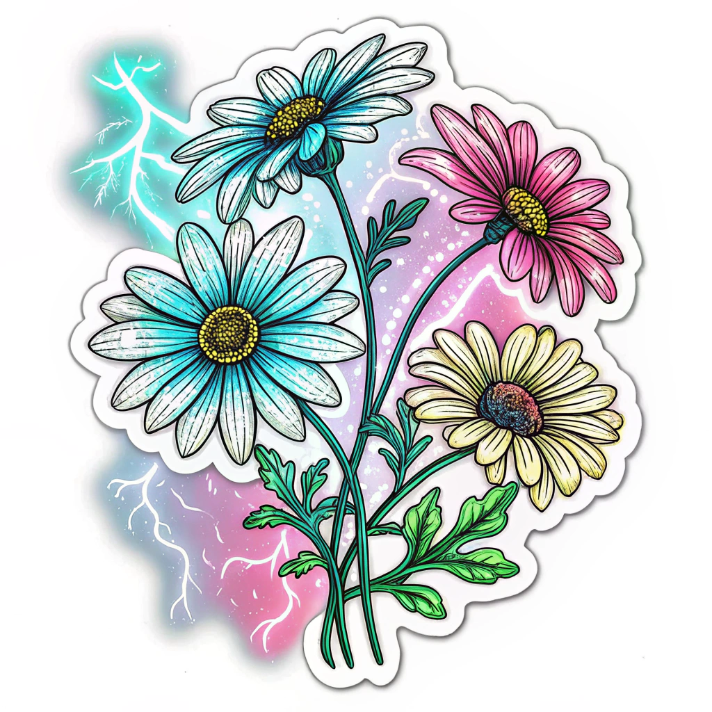 Electrified Daisy Cluster: Multiple stylized daisies, each glowing in a different neon shade (e.g., electric blue, hot pink, neon green), interconnected by crackling lines of light or energy arcs. The sticker could be die-cut around the cluster's silhouette.