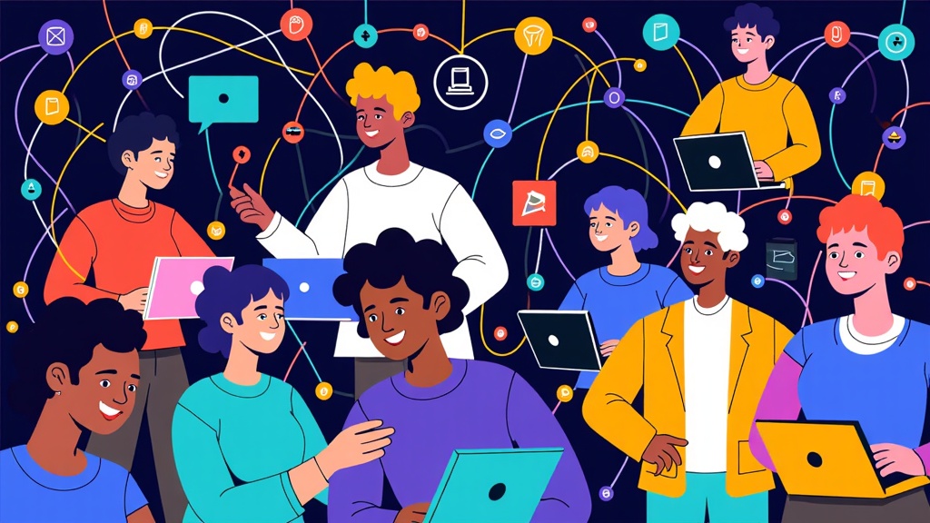 An illustration depicting diverse developers connected by streams of code or data, forming a vibrant network. Nodes in the network can subtly feature Microsoft Build elements or developer tools, symbolizing seamless collaboration and information sharing within the community.