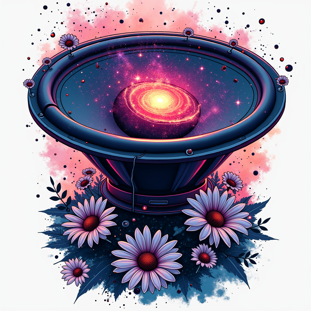 A stylized subwoofer speaker cone, where the central dust cap is a miniature, vibrant galaxy. Sound waves emanate from it, morphing into electric daisy petals and swirling nebulae patterns. The phrase 'Feel the Cosmic Pulse' could be incorporated.
