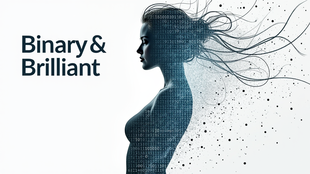 A woman's silhouette or profile subtly formed from flowing lines of binary code (0s and 1s), with 'Binary & Brilliant' text integrated.