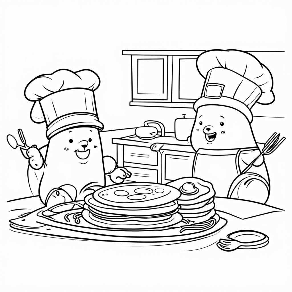 Gummy Bear Chef in a Pickle: A tiny gummy bear chef wearing a tall, floppy chef's hat, hilariously struggling to flip a giant pancake (relative to its size) or getting tangled in spaghetti strands while cooking in a miniature kitchen.