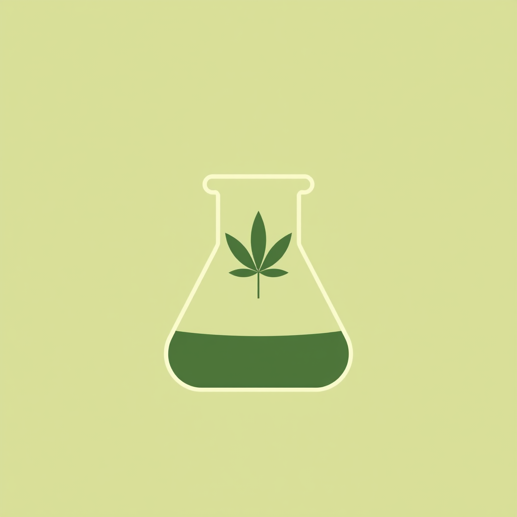 Simple Icon Idea: A minimalist, flat icon featuring a basic beaker outline with a small, clearly recognizable marijuana leaf symbol positioned centrally within it or just emerging from the top opening.