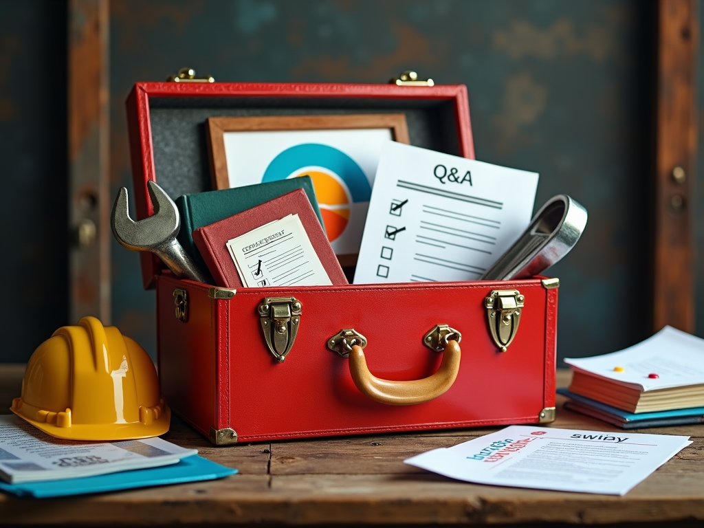 Focus on a 'Safety Toolkit' metaphor. Illustrate an open toolbox where traditional tools are replaced by symbols of education and training: a book, a certificate, a presentation screen, a checklist, a 'Q&A' icon. Headline: 'Equip Yourself with Safety Knowledge'.